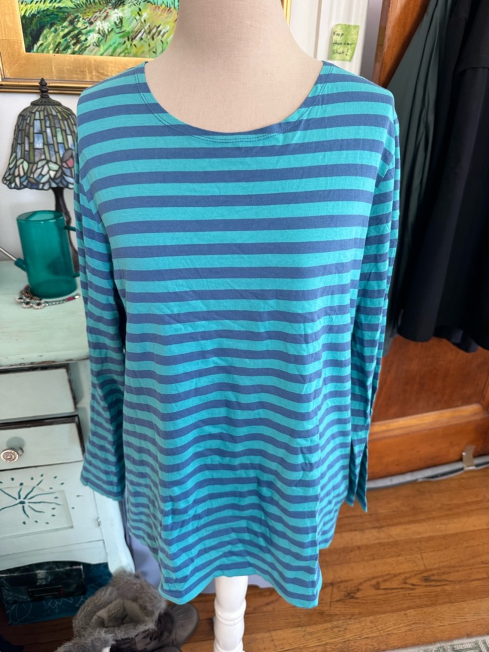 Gudrun Sjoden Striped Long-Sleeve Tee Shirt Top Turquoise Periwinkle Blue VGUC